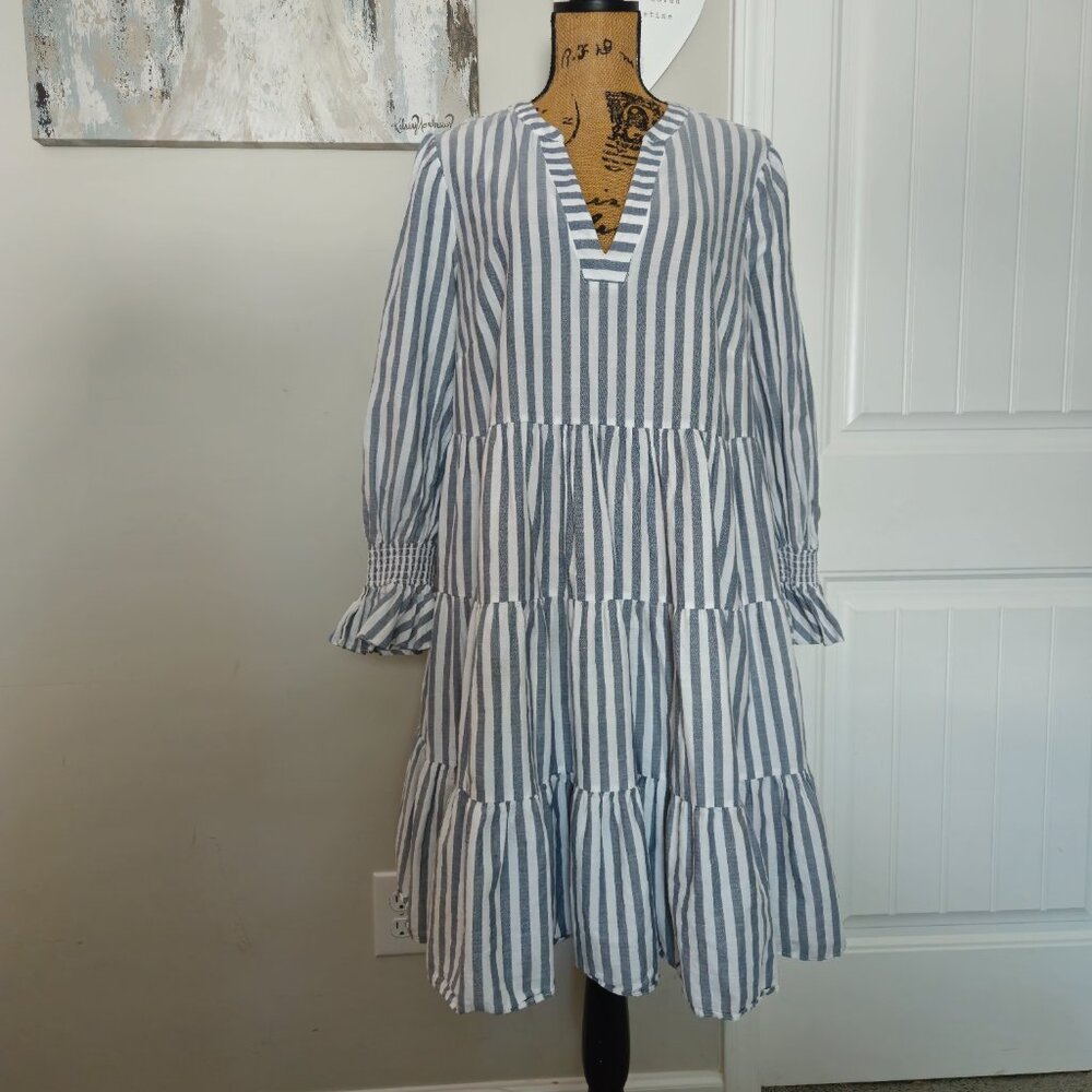 *SOLD*Eliza J Blue/White Stripe Tiered Long Sleeve Cotton Dress - Size 16W